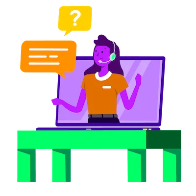 Rapunzl team member on a laptop screen with chat bubbles, ready to help set up your program