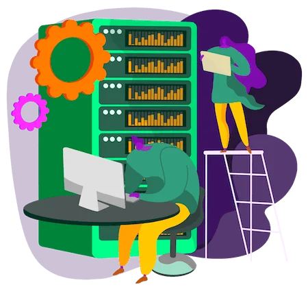 Educators assembling a course from data servers and a computer workstation