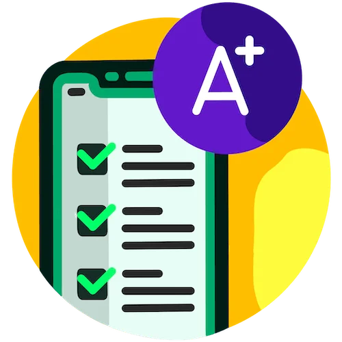 Phone showing a completed checklist and an A-plus grade, representing mobile and web access