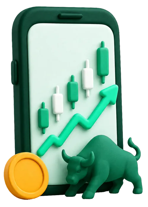 A phone showing a rising candlestick chart, with a gold coin and a bull figurine beside it.